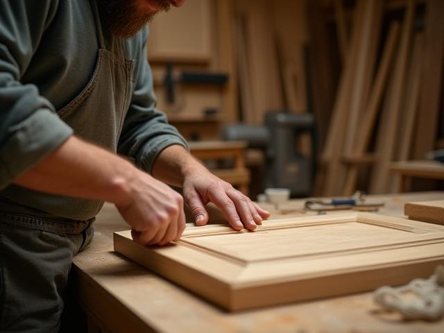 Skilled craftsman working on a custom kitchen cabinet in the Bohyun Living workshop in Seoul