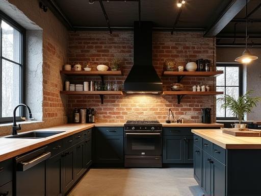 Kitchen with an industrial chic aesthetic, combining exposed brick or concrete elements, metal accents, open shelving, and sturdy wood surfaces