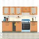 Stylized icon representing kitchen installation with tools and assembled cabinets