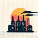 Stylized icon representing the manufacturing process with gears and a factory building