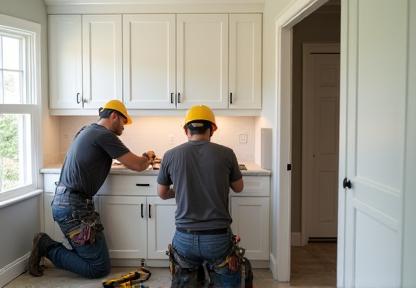 Professional Bohyun Living installation team members carefully fitting custom kitchen cabinets into place
